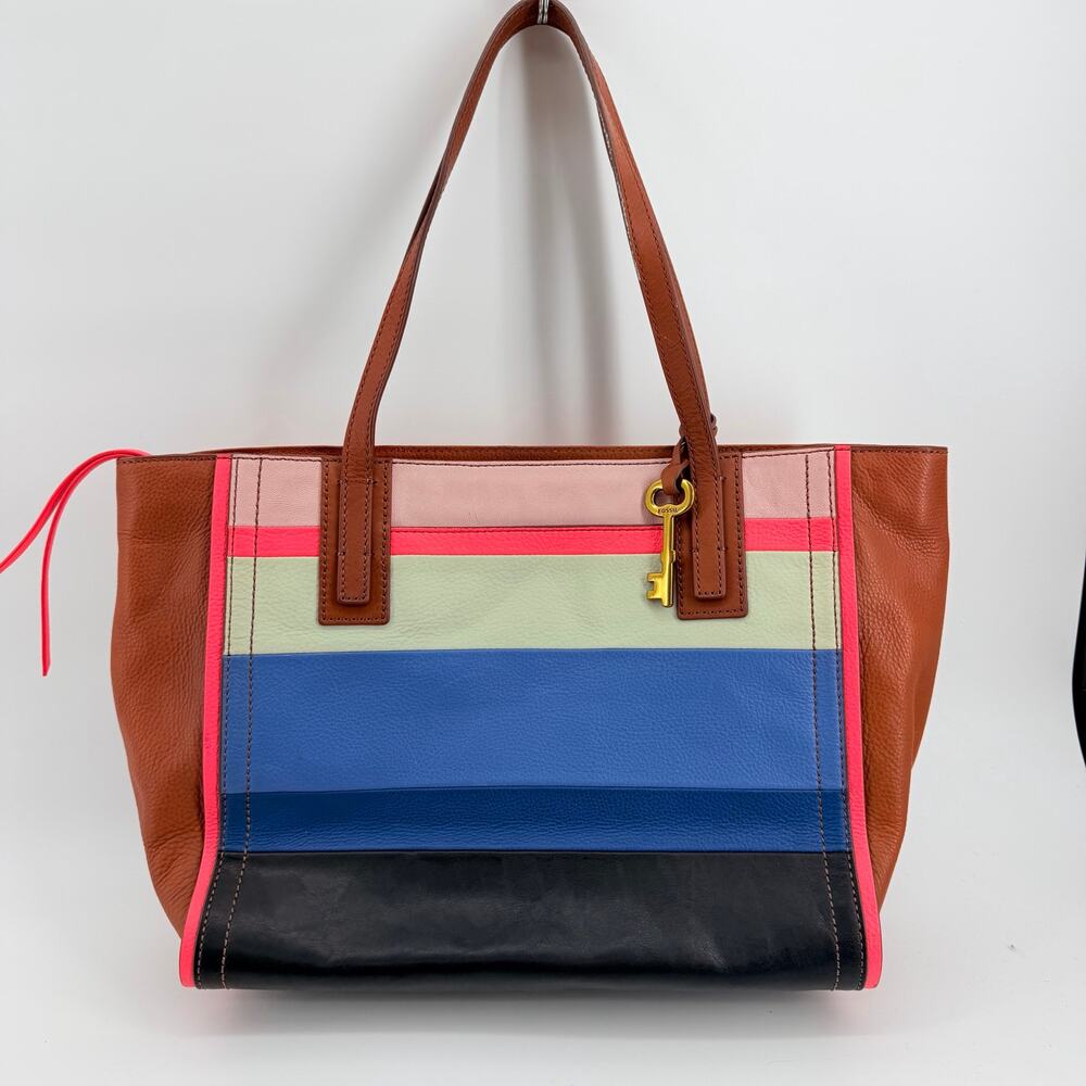 Fossil Emma Bright Stripe Leather Colorblock Tote Bag Boho Dopamine Rare